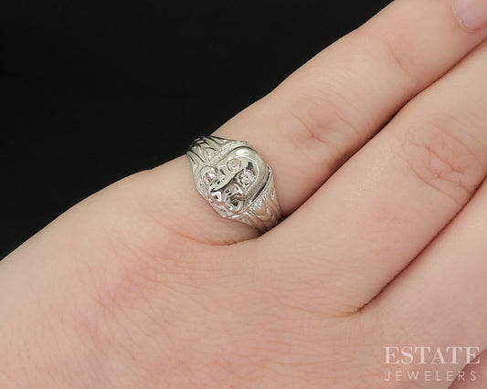 Antique 18k White Gold & Sterling Natural Diamond Skull Signet Ring 2.9g i20470