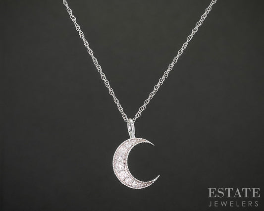 10k White Gold Lab Created Diamond Crescent Moon Ladies Necklace 18"L p14987