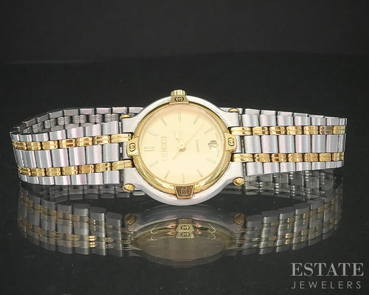 Gucci 9000L Two Tone Date Stainless Bracelet Ladies Watch p15057