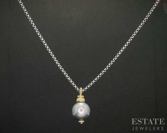 18k & Sterling David Yurman 10.8mm Cultured Grey Pearl Necklace 10g 20"L p15376