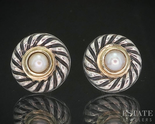 14k & Sterling David Yurman Cultured Pearl Button Cookie Stud Earrings 5g p15364