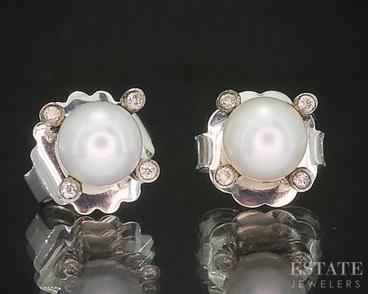 14k Sterling David Yurman Pearl & Diamond Cable Stud Earrings 2.3g p15359