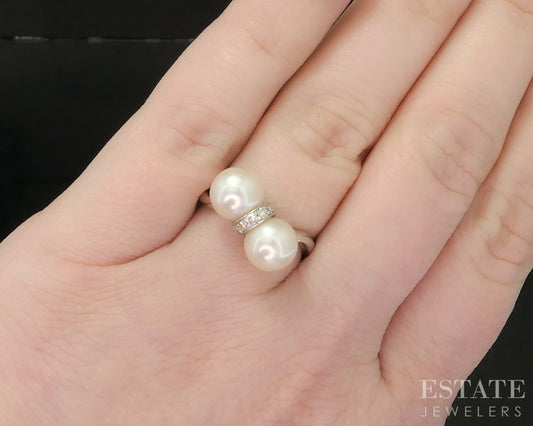 Vintage 14k White Gold 7.5mm Akoya Pearl & Diamond Ladies Ring 3.9g p15148