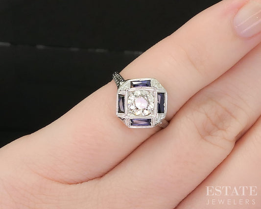 Antique 18k White Gold OEC Natural .60ct Diamond Sapphire Filigree Ring p92551