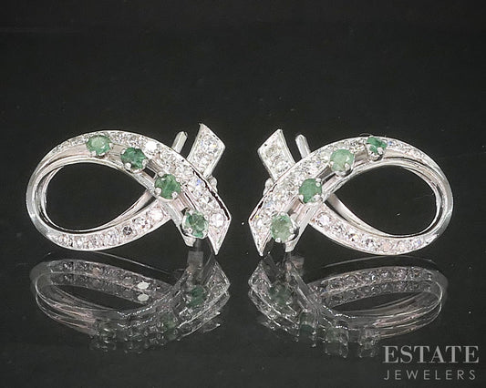Vintage 14k White Gold Natural Emerald & Diamond Ribbon Earrings 8.3g p15537