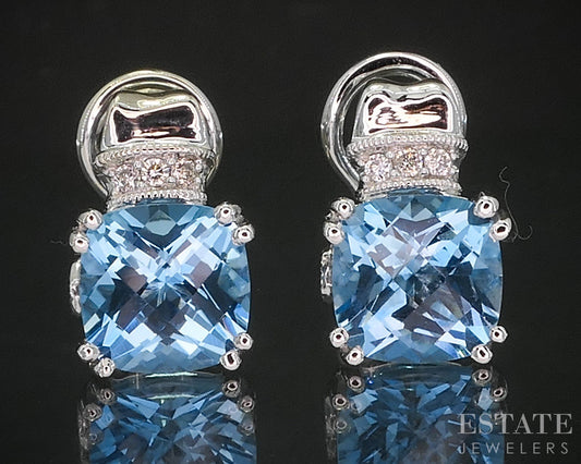 14k White Gold Natural Blue Topaz & Diamond Omega Back Earrings 5.4g p16147b