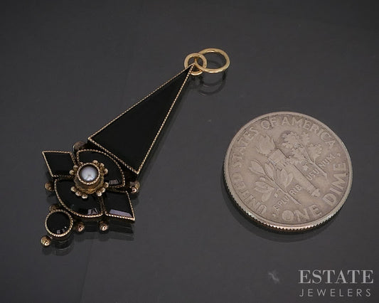 Antique Victorian 10k Yellow Gold Jet & Seed Pearl Mourning Pendant 2.3g p16158b