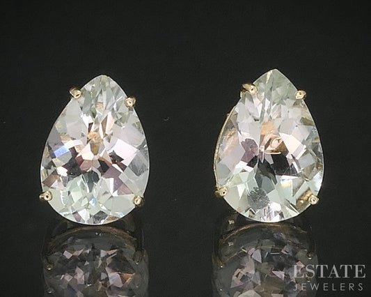 14k Yellow Gold Pear Cut Natural Green Amethyst Stud Earrings 1.3g p16168b
