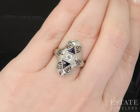 Antique 18k White Gold OEC Natural .24ct Diamond Sapphire Filigree Ring p16272