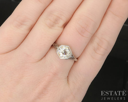 Antique Art Deco 18k White Gold European 1.02ct Diamond Filigree Ring p16251