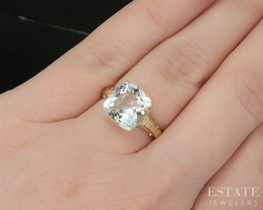 Antique 10k Yellow Gold Cushion Natural Aquamarine Ostby Barton Ring 2.1g p16236