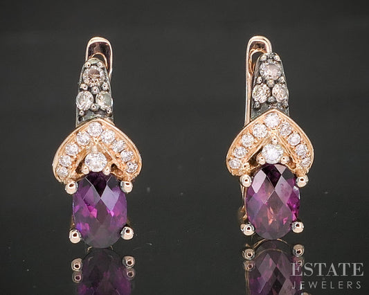 14k Strawberry Gold LeVian Natural Rhodolite Garnet & Diamond Earrings 3g p16228