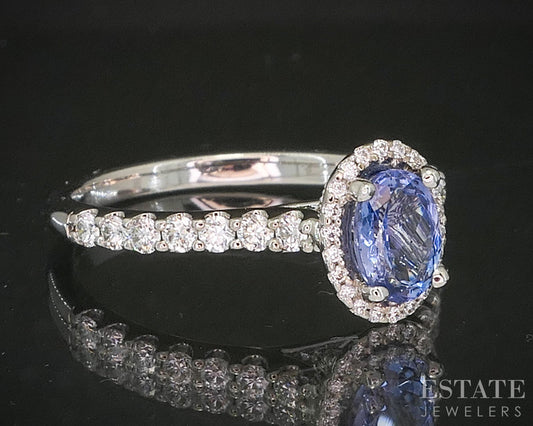 14k White Gold Oval Natural Tanzanite & Diamond Halo Ladies Ring 3.8g p15469