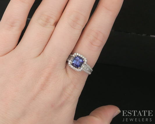 18k White Gold Cushion Natural Tanzanite & 1.24ctw Diamond Halo Ring 5.7g p15445