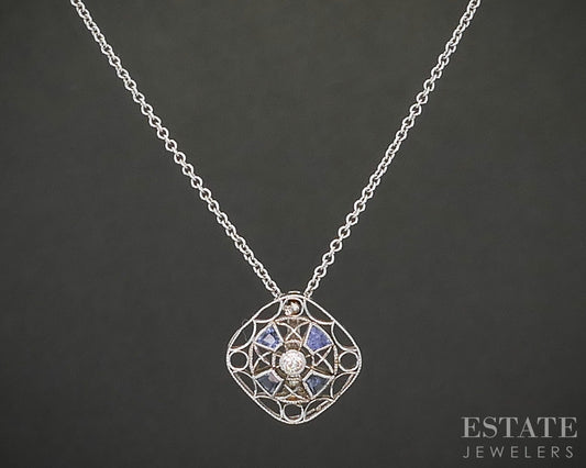 Antique Art Deco Platinum & 14k Diamond & Blue Sapphire Necklace 2.4g p15472