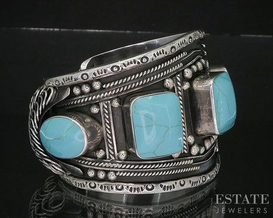 Vintage Sterling Mexico Esperanza Turquoise Large Cuff Bracelet 112g p15524b