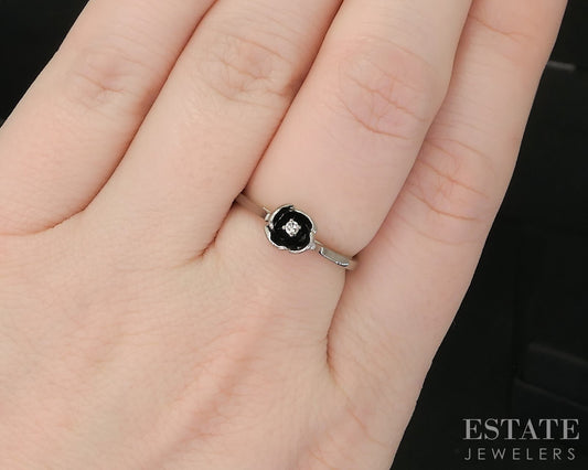 Vintage 10k White Gold Single Cut Natural Diamond Flower Ring 1.7g p16524