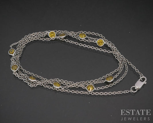 14k White Gold Natural 1ctw Yellow Diamond Station Necklace 3g 24"L p16396