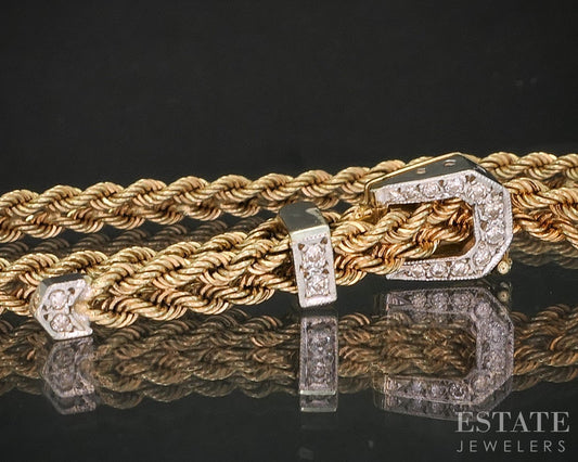 Vintage 14k Yellow Gold Diamond Buckle Rope Chain Bracelet 10.7g 8"L p16668b