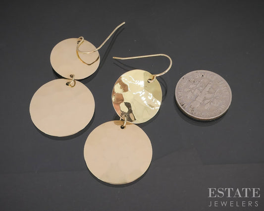Vintage 14k Yellow Gold Hammered Disk Dangle Earrings 2.9g p16596b