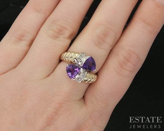 14k Yellow Gold Natural Amethyst & Diamond Bypass Ladies Ring 6.1g p16658b