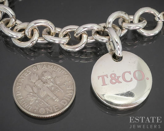 Sterling Tiffany & Co. Pink Enameled Tag Cable Chain Bracelet 25g 6.75"L p14958