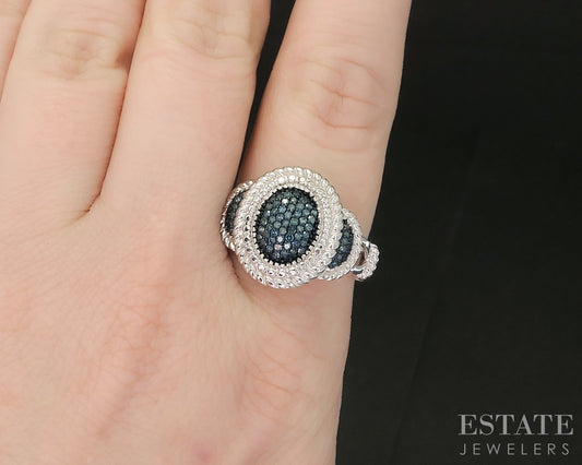 Sterling Silver Natural Blue Diamond Cluster Ladies Ring 5.4g p17242