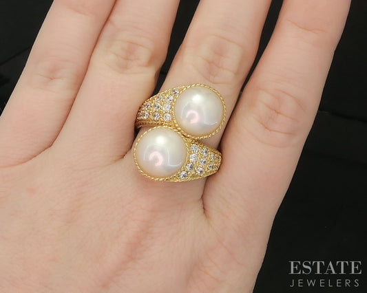 Sterling Silver Judith Ripka Mabe Pearl & CZ Ladies Bypass Ring 13.7g p17279