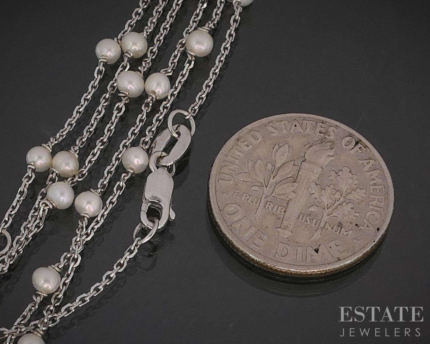 14k White Gold 2.6mm Seed Pearl Ladies Station Necklace 2.1g 17.5"L p17246b