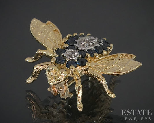 14k Yellow Gold Natural Blue Sapphire & Diamond Bee Bug Pin Brooch 3.3g p17241b