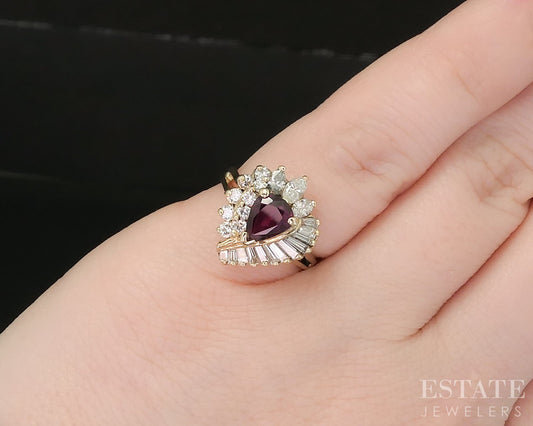 14k Yellow Gold Pear Natural Ruby & Diamond Cocktail Halo Ring 4.1g p17576