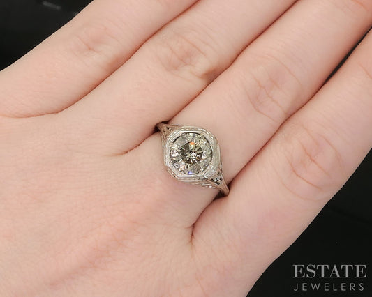 Antique 14k White Gold Natural 1.75ct Diamond Salt & Pepper Filigree Ring p17538