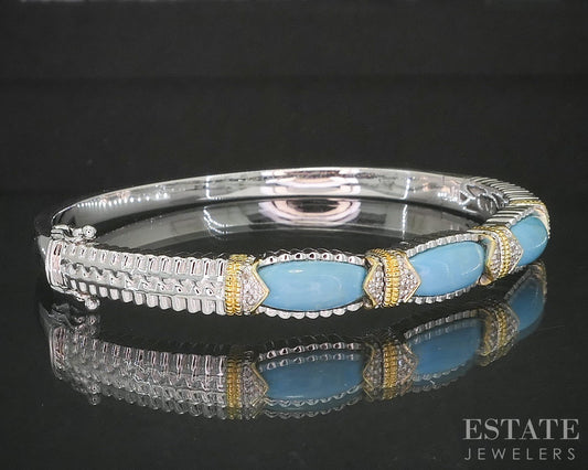 Sterling Silver Turquoise & Diamond Hinged Bangle Bracelet 22.9g p18296