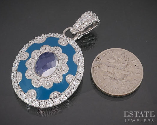 Sterling Silver Judith Ripka Blue Enameled Quartz CZ Oval Pendant 11.5g p18397