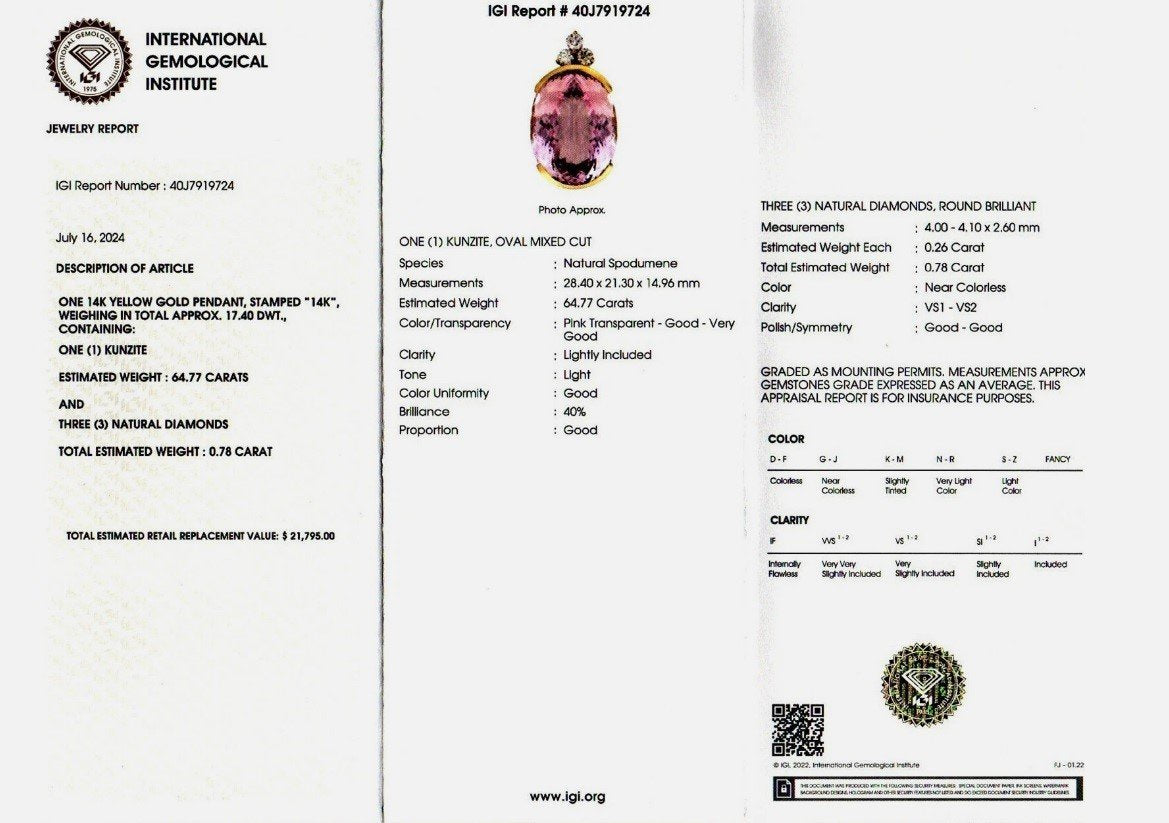 14k Yellow Gold IGI Natural 64.7ct Pink Kunzite & Diamond Pendant 27.2g p67617
