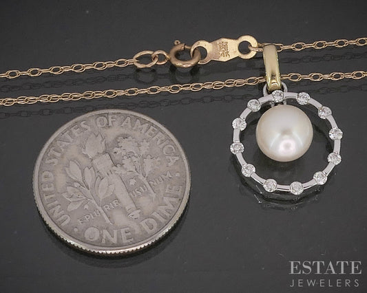 14k Two Tone Gold 6.4mm Cultured Pearl Diamond Circle Necklace 1.7g 18"L p18072b