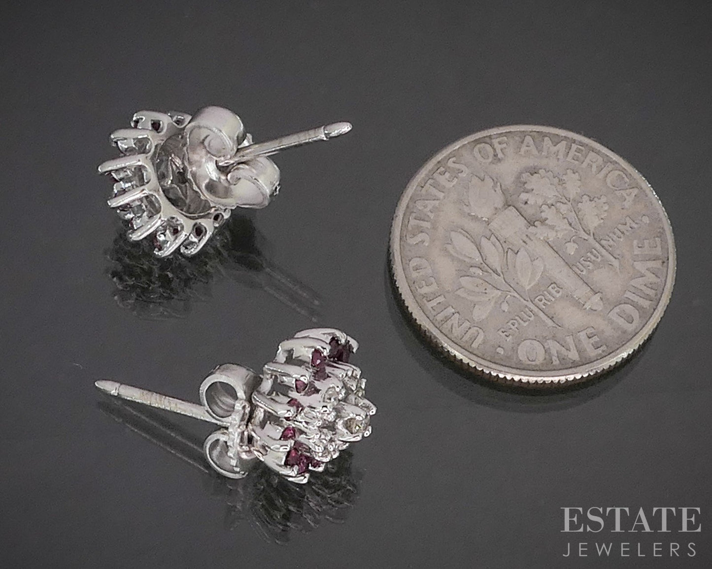 Vintage 14k White Gold Natural Ruby & Diamond Halo Stud Earrings 2.4g p18562b