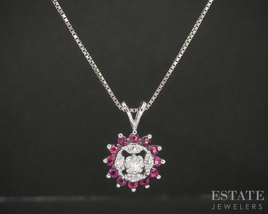 Vintage 14k White Gold Natural Ruby & Diamond Halo Necklace 2.6g 18"L p18563b