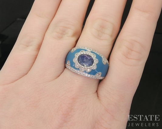 Sterling Silver Judith Ripka Blue Enameled Quartz CZ Ladies Band 10g p18617