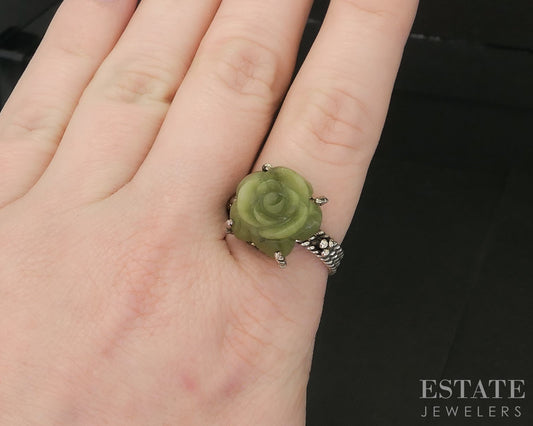 Vintage Sterling Natural Connemara Marble Carved Flower Ring 6.6g p18618