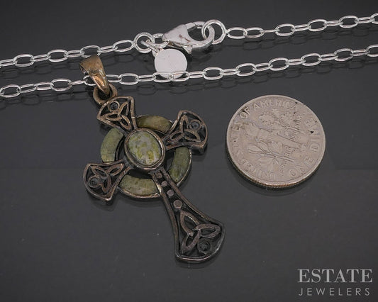 Vintage Sterling Natural Connemara Marble Celtic Cross Necklace 7.7g p18639