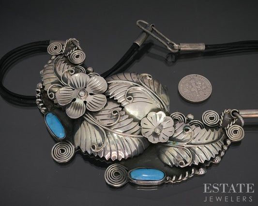 Vintage Sterling Mexico CII Natural Turquoise Large Necklace 74.5g p18647
