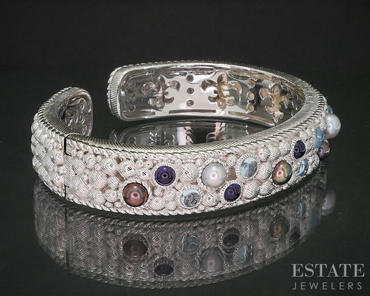 Sterling Silver Judith Ripka Pearl & Multi Gem Cuff Bracelet 79.9g p18662