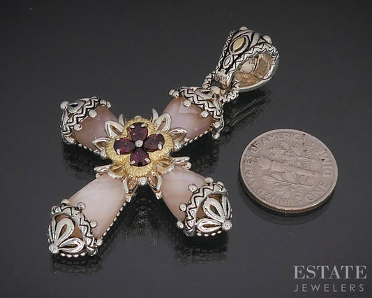 18k & Sterling Barbara Bixby Rhodolite Garnet MOP Cross Pendant 19.4g p18664