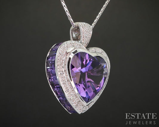 14k White Gold Natural Amethyst & Diamond Heart Necklace 10.6g 16"L p18347