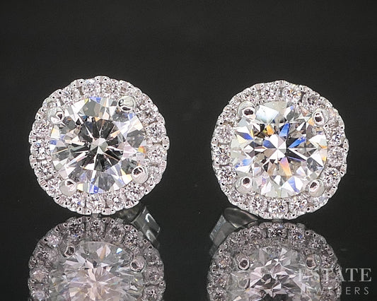 14k White Gold Round Natural .78ctw Diamond Halo Stud Earrings 1.2g p16048