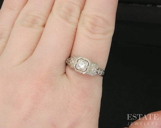 Antique 18k White Gold Transitional Natural .12ct Diamond Filigree Ring p15844