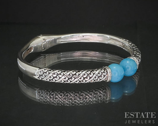 Sterling Silver 9mm Turquoise & Diamond Hinged Bangle Bracelet 29g p19095