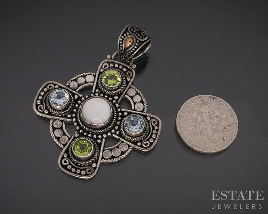 18k & Sterling Silver BA Bali Multi Gem Maltese Cross Pendant 12g p19096