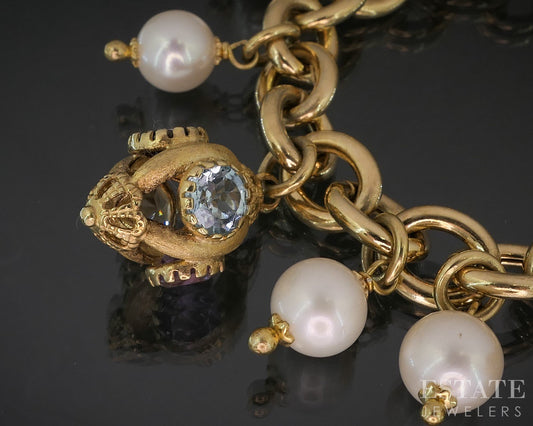 Sterling Silver Multi Gem & Pearl Lantern Charm Bracelet 40g 7.75"L p19104